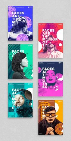 four posters with different colors and shapes on the same page, each featuring an image of a woman's face