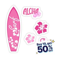 a pink surfboard with hawaiian flowers and the word aloha on it's side