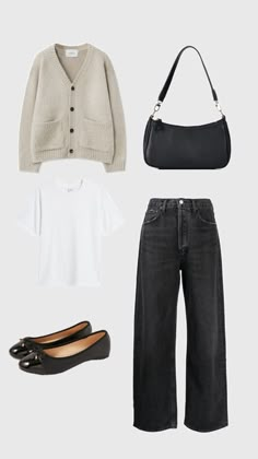 Cute casual fall outfit with black ballet flats and a black mini purse with black wide leg pants and a cream cardigan Black Flats Outfit Fall, Fall Flats Outfit, Wide Leg Pants Outfit Fall, Black Wide Leg Pants Outfit, Black Cardigan Outfit, Black Mini Purse, Black Pants Outfit, Wide Leg Pants Outfit, Casual Fall Outfit