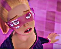 the animated character is wearing pink glasses and has her hands out in front of her face