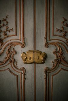 an ornate door with a gold handle on it