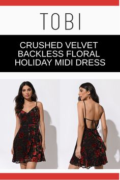 Get their attention in this crushed velvet backless floral holiday midi dress. Wish you could get dress up cocktail party gowns and dresses for Christmas and New Year's Eve outfits on sale? Now's your chance to save. Why pay more when you can get cute winter festivity clothing and formal attire for ladies at affordable prices from TOBI. #shoptobi #holidaydress #mididress