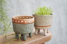 two ceramic planters sitting on top of a wooden table