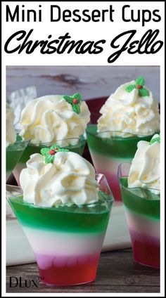 mini dessert cups decorated with whipped cream and holly leaves for christmas jello or pudding