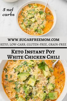 two bowls of white chicken chili with avocado on top and the words keto instant pot white chicken chili below