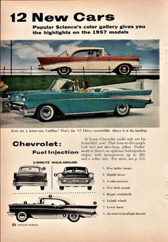 an old car ad with two cars on it