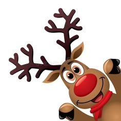 a cartoon reindeer with red nose and antlers