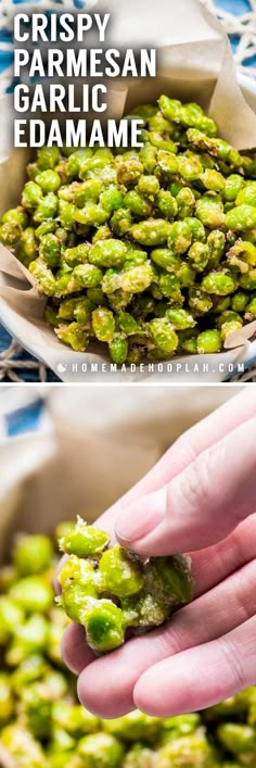 the process of making crispy parmesan garlic edamame is shown here