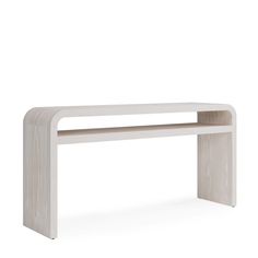 a white table with a wooden shelf on the top and bottom section, in front of a