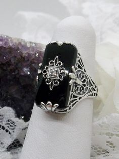 Black Camphor Glass Ring with White CZ inset Floral Filigree, Edwardian Style, Gem Diamonds, Gorgeous Ring, Gothic Rings, North South, Ring Black, Edwardian Era, Old Hollywood Glamour