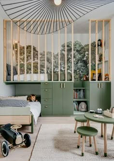 an image of a bedroom with green furniture and decor on the walls, along with bookshelves