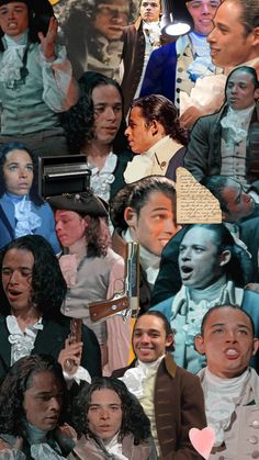 a collage of people with different facial expressions and hair styles, all dressed up