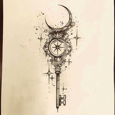 a drawing of a key with a crescent and star design on it's side