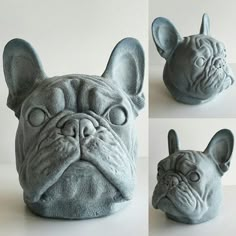 four different views of a dog's head made out of clay, including the nose and ears