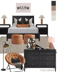 a bedroom with black furniture and brown accents, including a bed, dresser, chair, ottoman