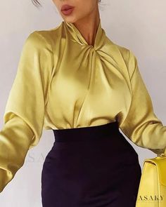 Lasaky - Sophisticated Long Sleeve Satin Blouse with a Twist Celebrity Shirts, Satin Bluse, Yellow Satin, Satin Long Sleeve, Twist Top, Chic Type, Oversize Women, White Short Dress, Satin Blouses