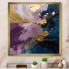 an abstract painting in gold and purple on a white wall above a fireplace mantel