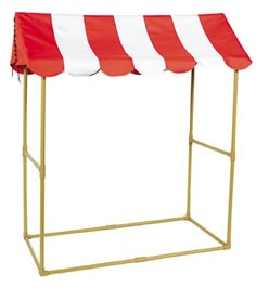 a red and white striped awning on top of a metal stand with gold legs