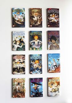 nine children's books are arranged on the wall in order to be read by them