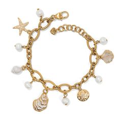 Freshwater potato pearls and golden charms create an array of seaside treasures that will dangle from your wrist and bring coastal beauty to all your looks. The chunky chain brings modernity to the design. Chunky Charm Bracelet, Pearl Charm Bracelet, Dangle Bracelet, Classic Aesthetic, Royal Jewels, Bracelet Ideas, Funky Jewelry, Pearl Charms, Girly Jewelry