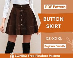 a woman wearing a skirt and boots with the text, button skirt xs - xxl beginner friendly