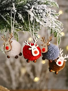 three christmas ornaments hanging from a tree