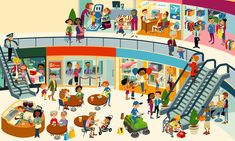 an illustration of people shopping in a mall with escalator and stairs leading up to the second floor