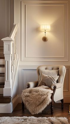 a chair sitting on top of a hard wood floor next to a bannister