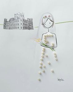 a drawing of a bride holding a bouquet of flowers with a castle in the background