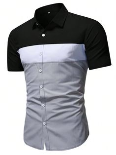 Multicolor Casual Collar manga corta Tela Color combinado Camisa Embellished No-Elástico Verano Sewing Men, Colorblock Shirt, Corporate Shirts, Corporate Uniforms, Mens Casual Outfits Summer, Mens Casual Dress Outfits, Printed Polo Shirts, Scenery Nature, Fashion Suits For Men