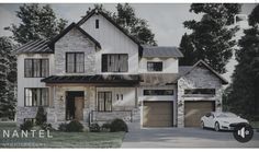 a car is parked in front of a two story house with garages and windows