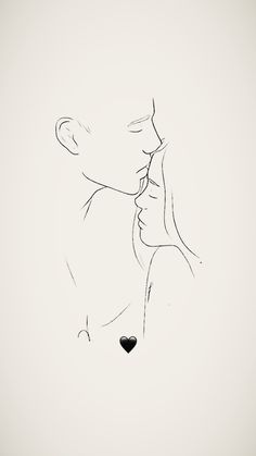 a black and white drawing of a man kissing a woman's face with a heart shaped nose