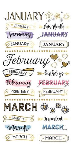 months of the year stickers are shown in various colors and font, including stars