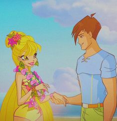 a man and woman standing next to each other in front of a blue sky with clouds