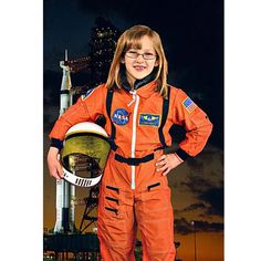 The Orange Space Shuttle Astronaut Suit is now available with the new, Junior Astronaut Helmet. This astronaut helmet is for children, ages 3 to 10 only. It is a smaller version of the larger helmet, but does not have the sound effects chip. Available in sizes: 2/3, 4/6, 6/8, and... Nasa Jumpsuit, Orange Astronaut, Kids Astronaut Costume, Nasa Patch, Astronaut Suit, Sally Ride, Astronaut Costume, Astronaut Helmet, Nasa Shirt