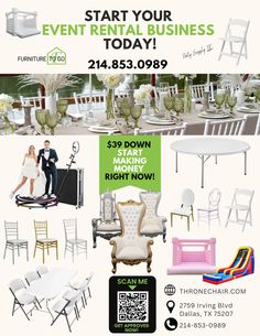 an advertisement for a furniture store with chairs and tables