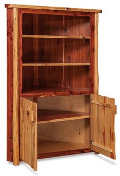 a wooden bookcase with doors open and shelves on both sides, in front of a white background