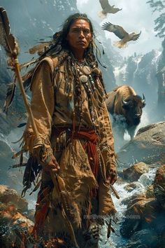 a native american man standing in front of a mountain with two birds flying above him