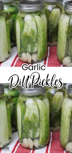 garlic dill pickles in mason jars on a red and white striped tablecloth