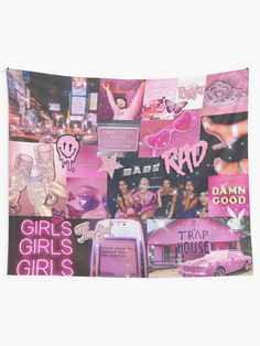 there is a pink wall hanging with girls on it and other things in the background