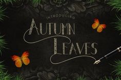 the autumn leaves brush font with butterflies and pine needles on a black background, surrounded by greenery