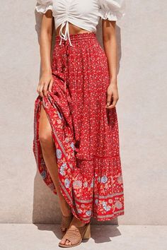 Debra's Passion Boutique Bohemian ditsy flowers print casual summer maxi skirt with layered tiered accents. Floral print border, lace insets. Lightweight, elastic waist, decorative tie, no pockets. Perfect! Color: Red Sizes: S-M-L Waist 28-30-32 approximate sizing, Length 37 approximate 100% Rayon, imported U2/YC032 Moda Safari, Boho Outfits Bohemian, Spain Style, Bohemian Maxi Skirt, Bohemian Outfits, Elastic Skirt, Boho Styl, Mode Hippie, Holiday Skirts