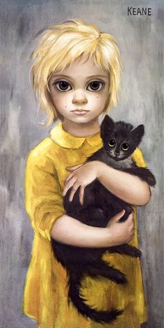 a painting of a young boy holding a black cat in his arms, with the caption keane