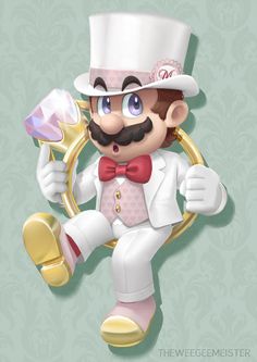 a cartoon character with a top hat and bow tie holding a golden object in his hand