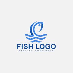 the fish logo is blue and has waves coming out of it, as well as an ocean wave