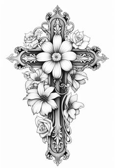 a cross with flowers on it and an ornate border around the cross is in black and white