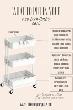 a white cart with three shelves labeled in the top and bottom, along with text describing what to put in your newborn / baby car