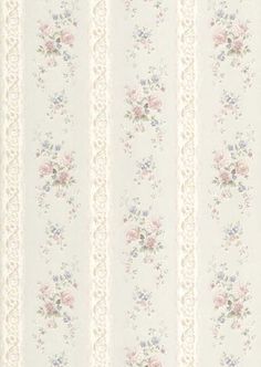 a white wallpaper with pink and blue flowers on the top, along with vertical stripes