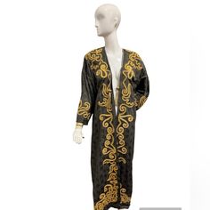 That Perfect Vintage Kaftan To Wear On Top Of Basically Anything. With A Contrasting Gold Front And Embroidery Artwork At The Back It's A Unique Piece!!! Formal Silk Fitted Kaftan, Elegant Gold Kaftan For Spring, Elegant Kaftan With Gold Embroidery, Fitted Silk Kaftan For Spring, Elegant V-neck Kaftan For Fall, Elegant V-neck Fall Kaftan, Fitted Silk Long Kaftan, Fitted Long Silk Kaftan, Long Silk Fitted Kaftan