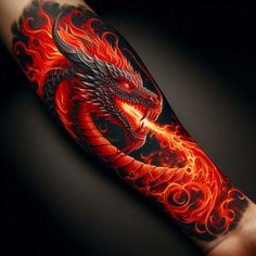 a red and black dragon tattoo on the left arm with flames coming out of it